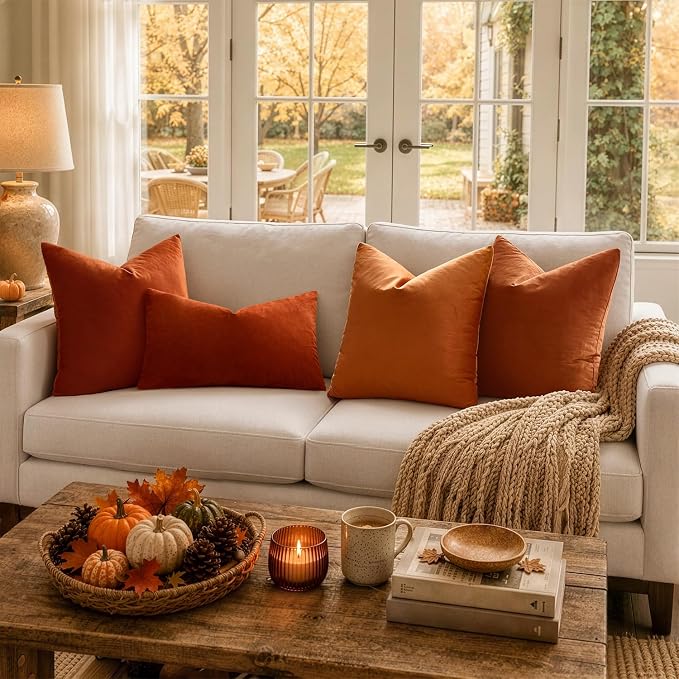 MIULEE 26x26 Inch Pack of 2 Euro Fall Velvet Pillow Covers Burnt Orange | Soft Solid Decorative Euro Sham, Modern Luxury Home Decor, for King Bed Sofa Couch Bedroom Livingroom
