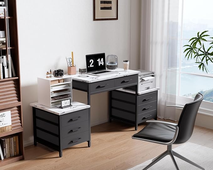 Pamray 63 Inch Office Desk with 8 Drawers and Printer Shelves for Computer | Space-saving, Ample Storage, Large Workspace, Easy Assembly, Sturdy, Suitable for Home Office Study Gaming, Bedroom and Dorms