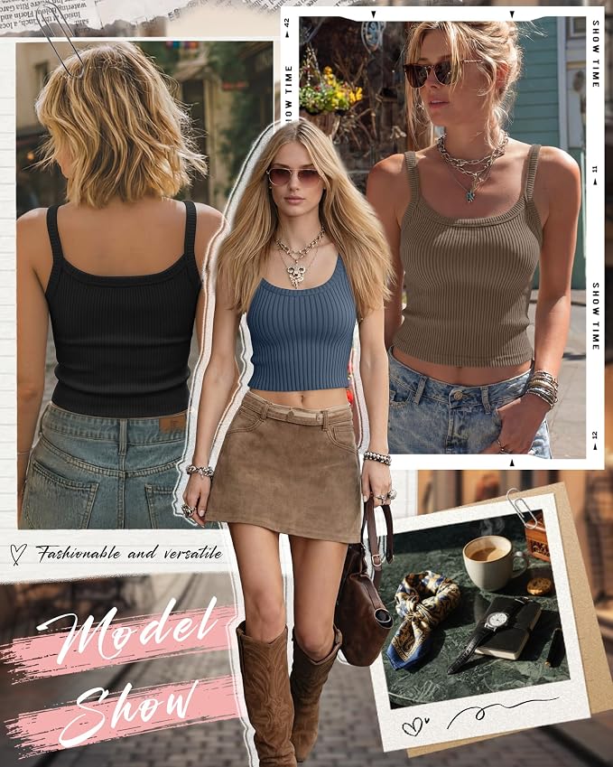 Ficerd 3 Pack Women's Tank Tops 95% Cotton Spaghetti Strap Ribbed Crop Camisole Slim Fitted Basic Summer Sleeveless Layer