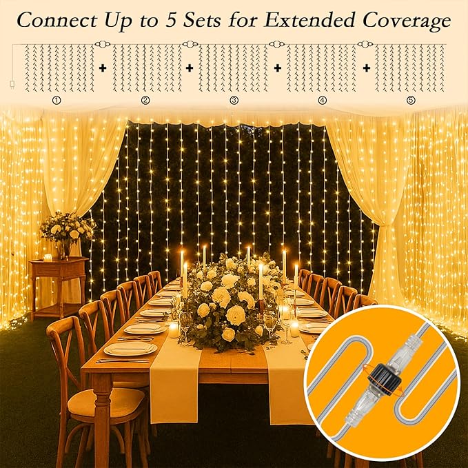 300 LED Curtain String Lights 9.8FT Plug in Fairy Lights with Timer and 8 Modes, Waterproof Window Wall Lights for Bedroom Wedding Party Indoor Outdoor Christmas Decor