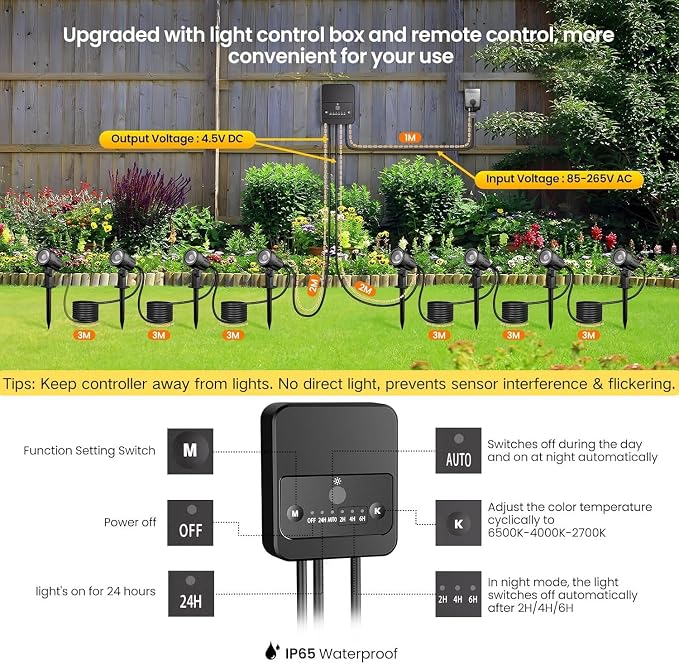 Outdoor Landscape Lighting 2700-6500K Dimmable Spotlights 8 Pack | 3 brightness levels,2 dynamic mode,IP66 waterproof, remote timer & memory,plug and play. Ideal for yards, gardens & pathways