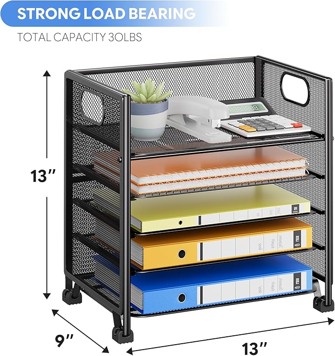 Simple Trending 5-Tier Paper Tray Organizer, File Organizer for Desk, Black | Letter Tray Holder with Handle. Sturdy Metal Frame. Non-slip Feet. Black for Office Home School. 13.25"L x 9.25"W x 13"H