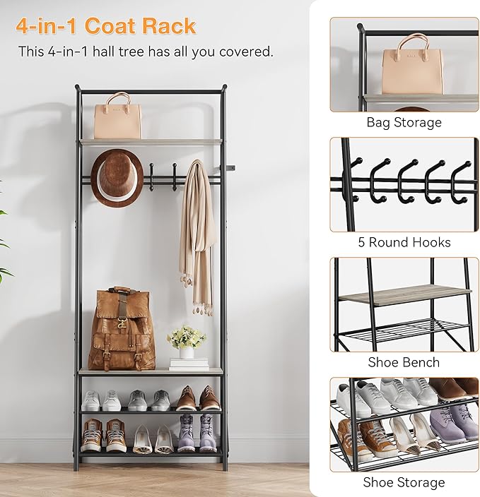 Coat Rack Hall Tree with Shoe Storage Bench, 4-in-1 Entryway Organizer, 5 Hooks & 3-Tier Shoe Rack, Freestanding Metal Frame for Hallway, Front Door