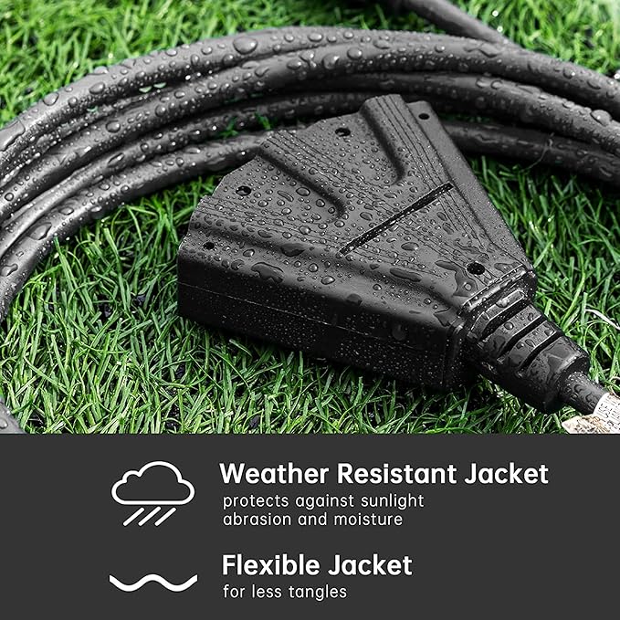 3-Outlets Indoor Outdoor Extension Cord Weatherproof, UL Listed, 16 Gauge 50FT Black 3 Prong Heavy Duty, 16/3 SJTW 13A Power Cord
