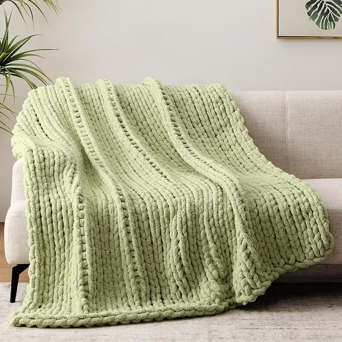 Negwoo Chunky Knit Throw Blanket, Knitted Throw Chenille Yarn, 30"*40" | Soft Thick Cable Knitted Blankets, Handmade Big Thick Blanket, Machine Washable Cute Comfy Blanket for Home Decor,Light green