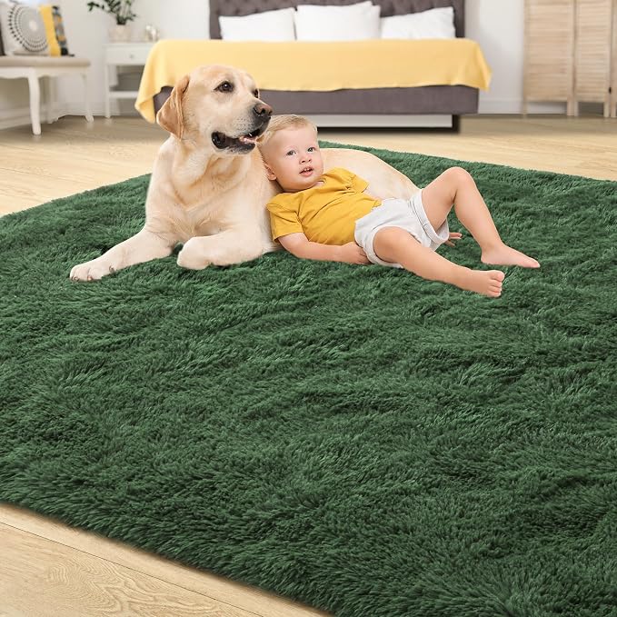 Tepook Fluffy Dark Green Rugs for Living Room Bedroom, 6x9 Soft Area Rug Forest Hunter Green Kids Girls Boys Rug, Indoor Plush Shaggy Non-Slip Carpet for Nursery Classroom Dorm Home Decor