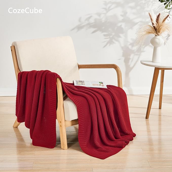 CozeCube Christmas Red Seed Stitch Throw Blanket 60"x80", Farmhouse Decor | Blanket for Couch, Soft Cozy Cable Knit Throw for Bed Sofa Living Room, Lightweight Warm Decorative Christmas Blanket