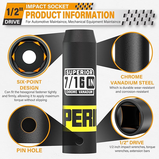 1/2" Drive Impact Socket, 7/16 inch Deep Socket, SAE, 6 Point, CR-V, for Car Repair, Loosen the Fastening Nut