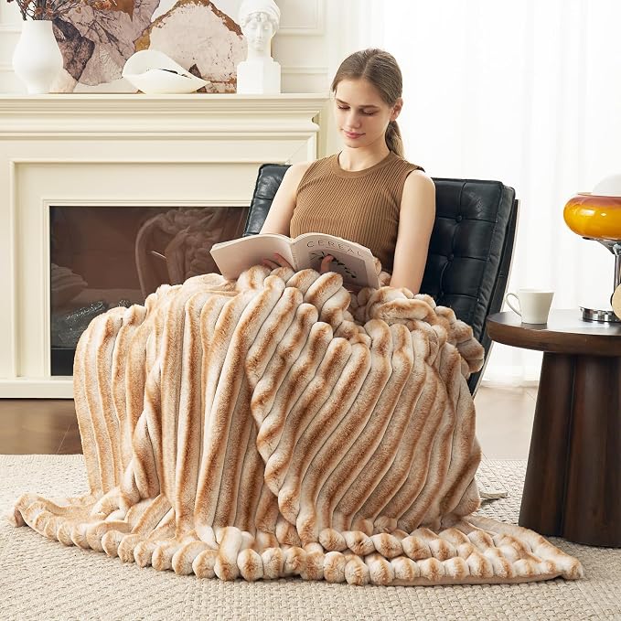 Cozy Bliss Faux Fur Throw Blanket for Couch, Cozy Warm Plush Striped Blanket for Sofa Bedroom Living Room,60 * 80 Inches Khaki