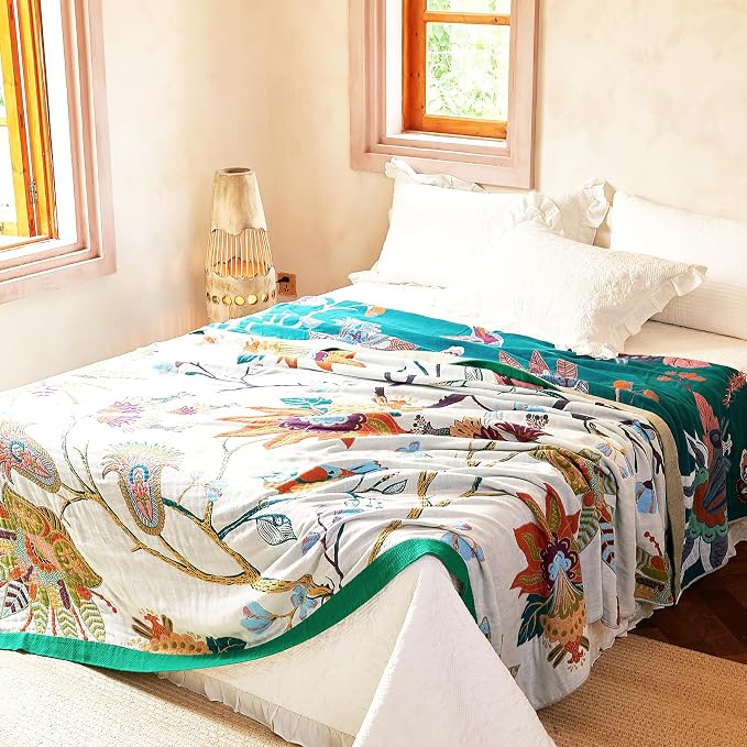 VANJOROY Boho Throw Blanket, 100% Organic Cotton Breathable Skin-Friendly Ultra Soft Bed Quilt Throw - All Season Floral Bird Farmhouse Décor Luxury Blanket for Sofa Couch Chair and Gift. 91" x 98"