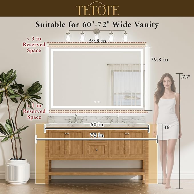 TETOTE 60 x 40 LED Lighted Bathroom Mirror with Lights, Brighter Frontlit and Backlit Led Mirror for Bathroom Wall, Light up Vanity Anti Fog Mirror, 3-Color Dimmable, Waterproof, Tempered Glass