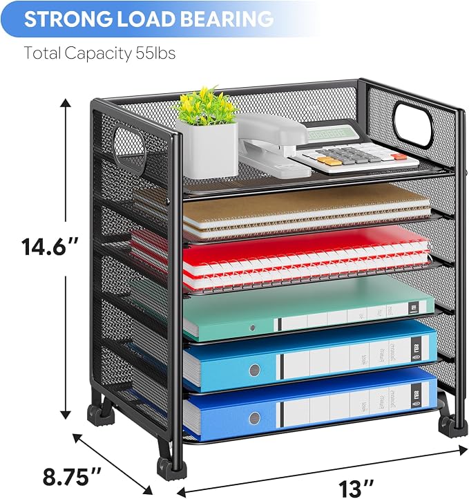 Simple Trending 6-Tier Paper Tray Organizer, File Organizer for Desk, Black | Letter Tray Holder with Handle. Sturdy Metal Frame. Non-slip Feet. Black for Office Home School. 13.35"L x 9.35"W x 15.6"H