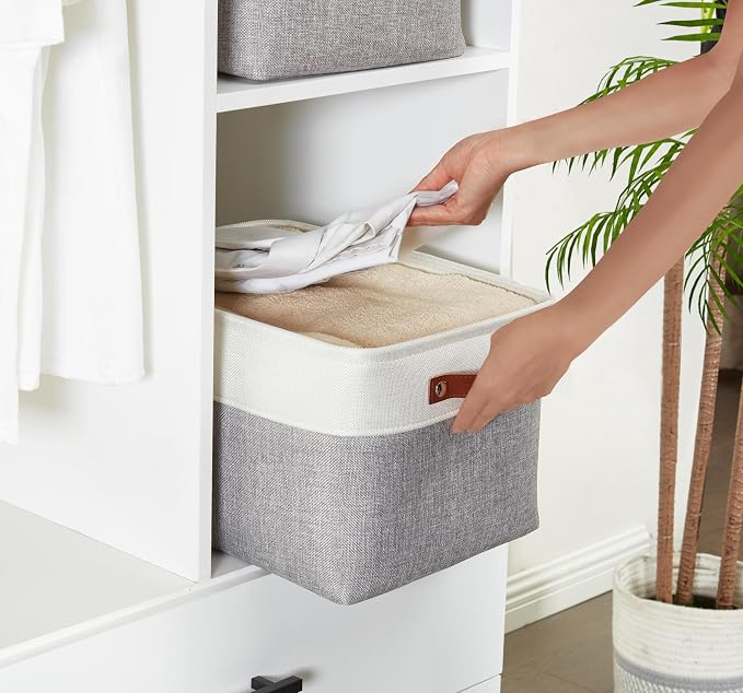 DECOMOMO Storage Bins, Large Fabric Storage Baskets for Shelves 3 Pack | 15 x 11 x 9.5 inches Decorative Linen Closet Organizers (Grey & White)
