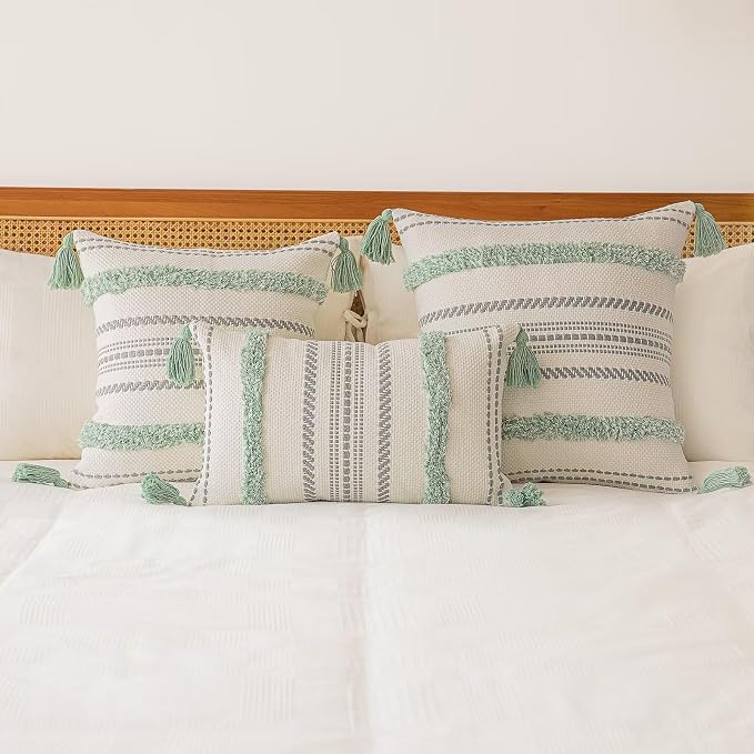 BUIOVBEY Boho Throw Pillow Covers Woven Tufted Pillow Cases with Tassels | Farmhouse Pillow Covers 12x20 Set of 2 Textured Striped Cushion Case Neutral Decorative Pillowcase for Sofa Couch Light Green