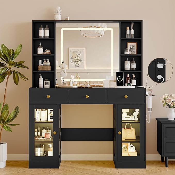 Makeup Vanity Desk with Mirror and Lights, 43" Black Vanity with Glass Top, Jewelry Storage, 3 Drawers & Glass Cabinets, Power Outlet & Adjustable LED Lights, Dressing Table for Women & Girls Bedroom