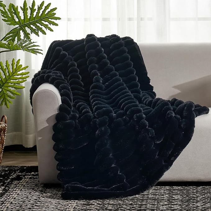 Cozy Bliss Faux Fur Throw Blanket for Couch, Cozy Warm Plush Striped Blanket for Sofa Bedroom Living Room, 50 * 60 Inches Black