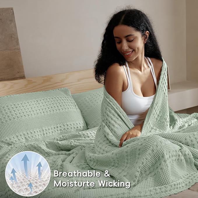 PHF 100% Cotton Waffle Weave Blanket King Size, Lightweight Breathable Summer Blanket for Hot Sleepers, Pre-Washed Soft Layer for Bed, Couch, Home Decor Gift, 108"x90", Mint Green