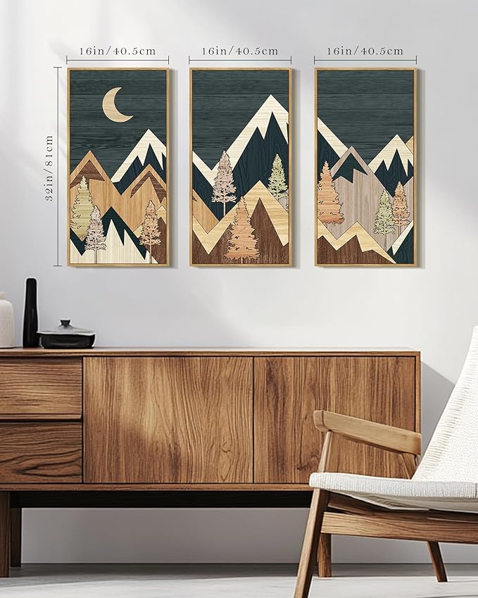 KUVIOKE Huge 16x32in Wooden Mountains Range Landscape Wall Art Framed Tree Nature Wall Decor Moon Rises Prints Bedroom Living Room Ready to Hang Natural Framed