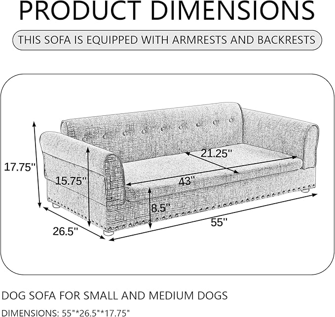 Oversized Pet Sofa Bed for Large Dogs, 55 Inch Modern Dog Couch with Orthopedic Memory Foam, Sturdy Furniture Style Pet Bed with Weight Capacity 220 lbs, (Grey)