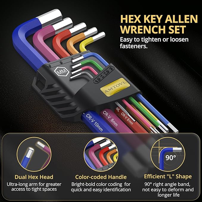 AMTOVL Hex Key Set, 9PCS Metric Allen Key Set, 1.5-10MM, Anti-Slip Long Hex End Hex Wrench Set, Color Coding Hex Key Set for Vehicle, and Bicycle Repairs