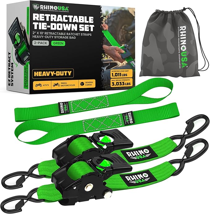 Rhino USA Retractable Ratchet Straps (2-Pack) - 2 Inch x 10 Feet (3,033lb Break Strength) - Heavy Duty Auto Self Retracting Tie Down Straps for Truck, Cargo Trailer, Motorcycle, Rad & More - Green