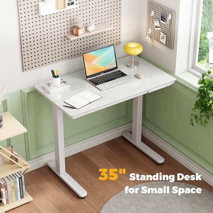 35" Electric Standing Desk with Drawer, One-Piece Glass Top | Quick Install One-Piece Tabletop with USB Charging Ports, Sit Stand Computer Desk with Wheels for Small Space, White