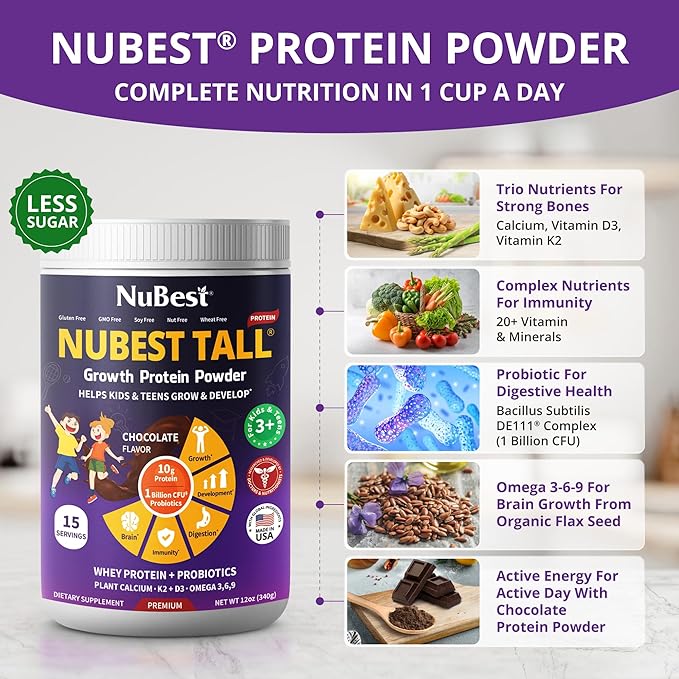 NuBest Tall Protein Powder for Kids & Teens - Chocolate Protein Powder Shake - Protein Drink with Probiotics, Omega 3-6-9, Vitamin D3 + K2, Calcium, Vitamins - Bone Strength and Immunity - Pack 3