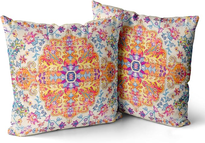 Snycler Orange Blue Ethnic Boho Pillow Covers 16x16 in Boho Carpet Cream Coral Floral Decorative Couch Pillow Cases with Zipper Set of 2 Home Decor for Living Room Bedroom Bed Cushion Outdoor