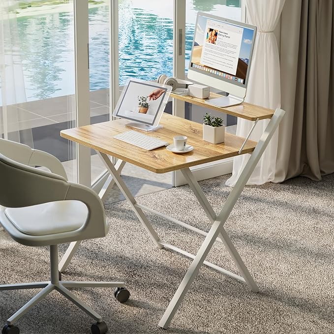 GreenForest Folding Desk No Assembly, Sturdy Computer Desk for Small Spaces | Portable Foldable Table for Laptop, 2-Tier Compact with Shelf, Space Saving for Home Office, Dorm, Apartment, 27.3"x 22" Oak