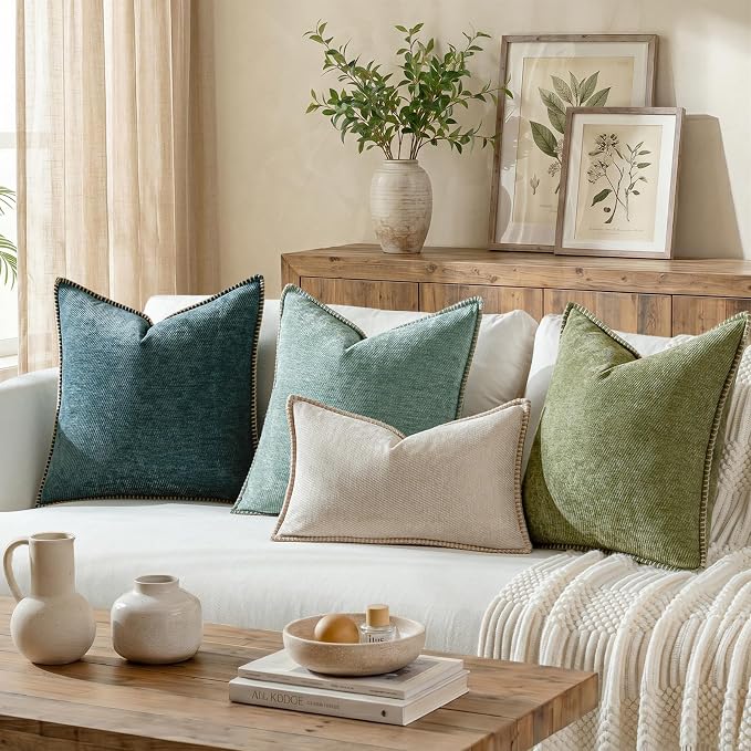 a moment Pack of 2 Decorative Chenille Throw Pillow Covers with Twill Cushion Covers for Sofa Living Room Couch Bed 16x16 Inch,Crafted Border Dark Teal
