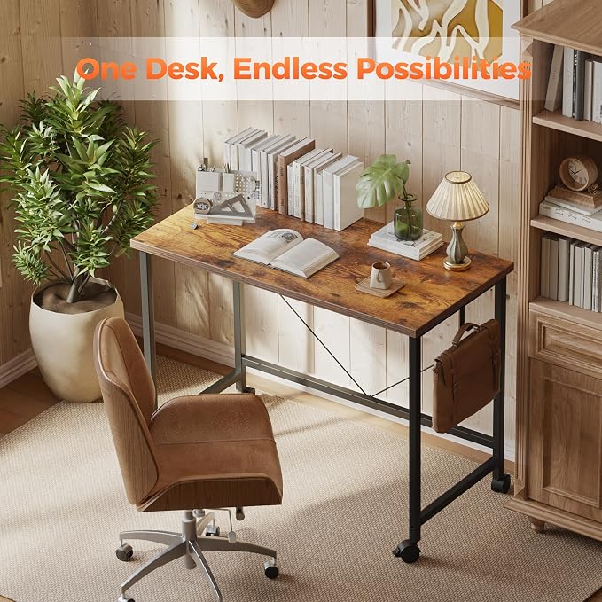 Mericonia 47x24 Inch Computer Desk with Wheels, Small Simple Rolling Desk | Writing Table for Home Office Bedroom Work Study, Brown