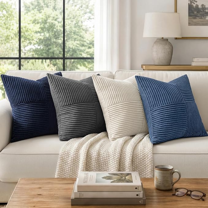 MIULEE Cream White Decorative Throw Pillow Covers for Couch 16x16 Inch | 2 Pack, Beige Neutral Boho Farmhouse Pillow Covers, Soft Cross Corduroy Patchwork Textured Cushion Cases For Bed Sofa
