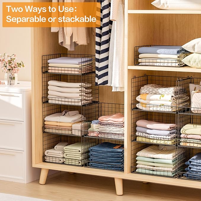4 Tier Stackable Closet Organizers and Storage Shelves, Foldable Closet Shelf Organizer System, Stackable Storage Bins Drawers for Clothes Organizer System, Black(Patent Pending)