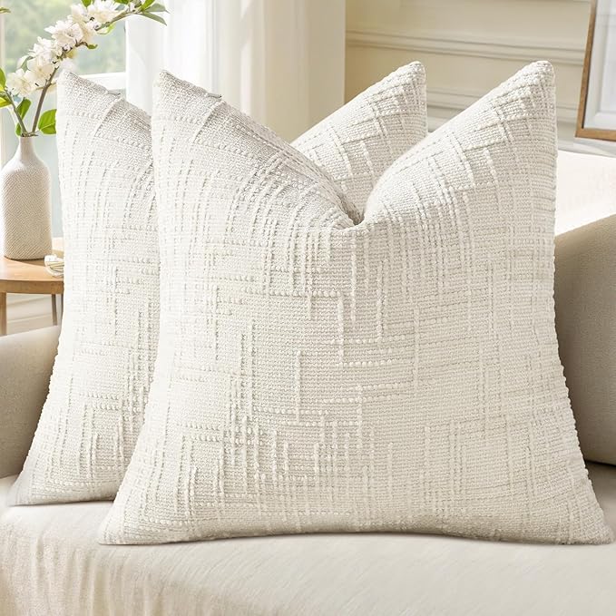 decorUhome Textured Chenille Throw Pillow Covers 16x16 Set of 2 Cream White | Fall Modern Farmhouse Soft Cozy Slubby Couch Pillow Cases Boho Decorative Pillow Cases for Bed Sofa Living Room Home Decor