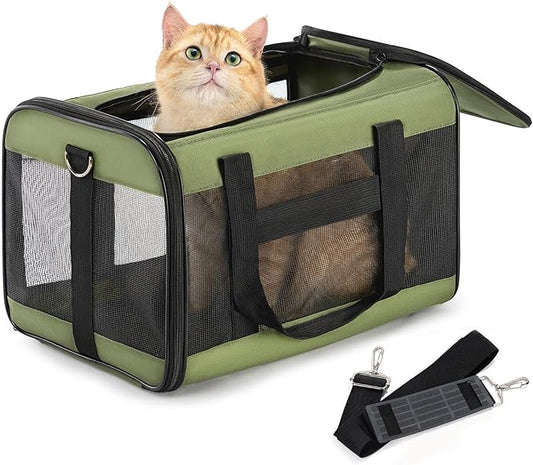 Cat Carrier Airline Approved, Soft-Sided Dog Carrier with Inner Safety Leash, Pet Transport Carrier for Small-Medium Cats Puppies up to 15 Lbs, Collapsible Travel Kitten Carrier Bag -Green M