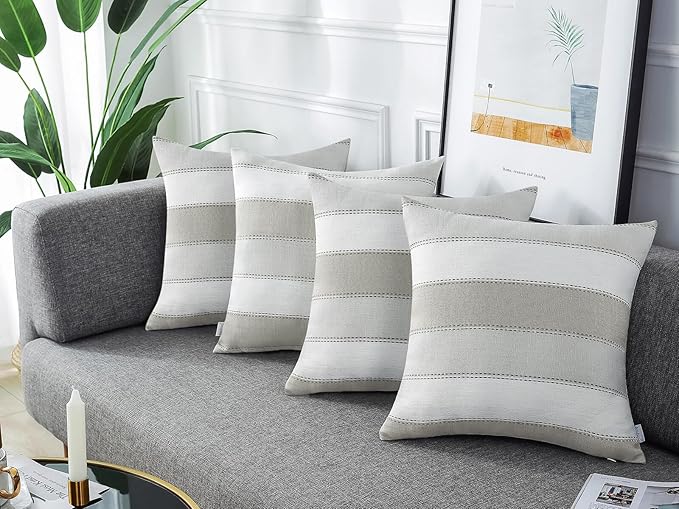 Pack of 2 Farmhouse Stripe Check Throw Pillow Covers Set Case Cotton Linen Decorative Pillowcases Cushion Cover for Couch Bench Sofa 16x16Inch Light Grey Beige