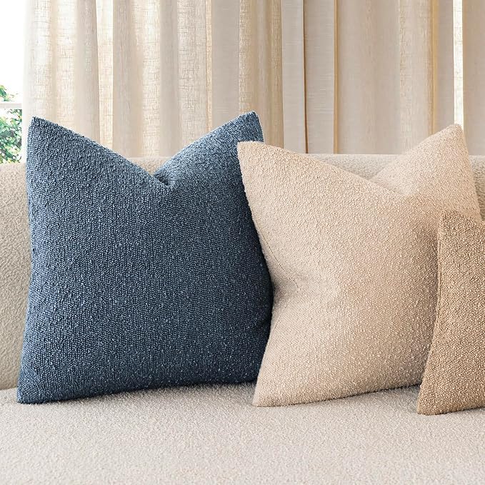 Foindtower Set of 2, Decorative Textured Boucle Throw Pillow Covers Accent Solid Pillow Cases Neutral Couch Cushion Case for Chair Sofa Bedroom Living Room Home Decor 16x16 Inch Dark Blue