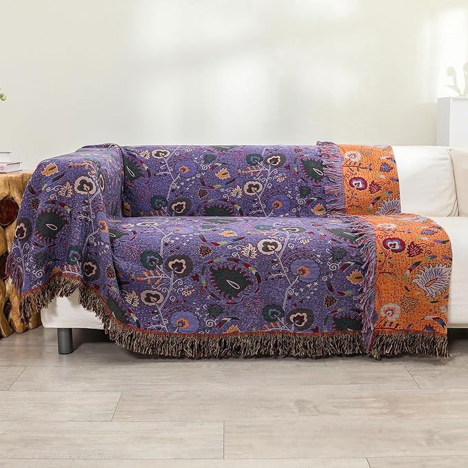 Boho Throw Blanket for Bed,100% Ultra Cotton Soft Breathable Bed Throw Floral Printed Farmhouse Decor Rustic Bed Throws for Couch Sofa Quilt Purple Flowers 60" x 80"