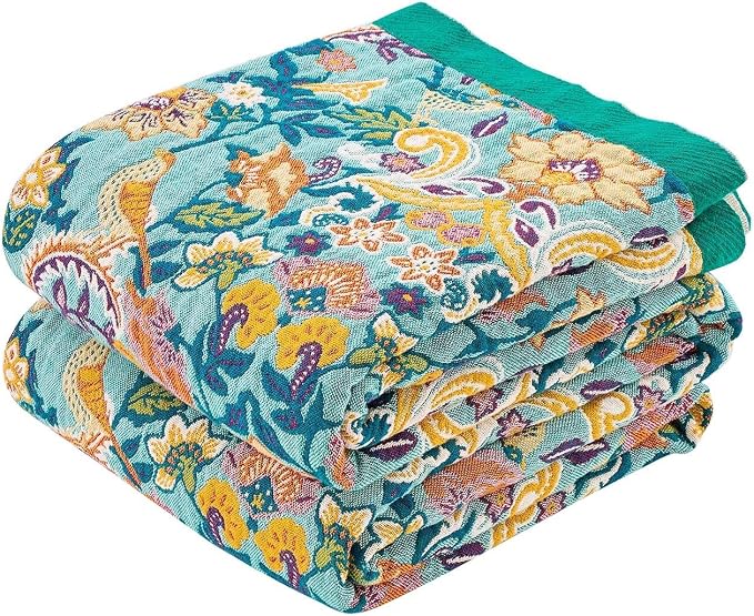 XIBLC Boho Blanket Throw Quilt, 100% Cotton Soft Light Weight Throw Blankets for Summer, 50"x60" Farmhouse Flower Decorative Blankets, All Season Rustic Reversible Bohemian Throw Quilt