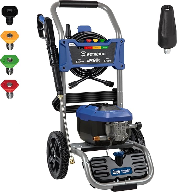 Westinghouse WPX3200e Electric Pressure Washer, 3200 Max PSI and 1.76 Max GPM, Universal Motor, Onboard Soap Tank, Spray Gun and Wand, 5 Nozzle Set, for Cars/Fences/Driveways/Homes/Patios/Furniture
