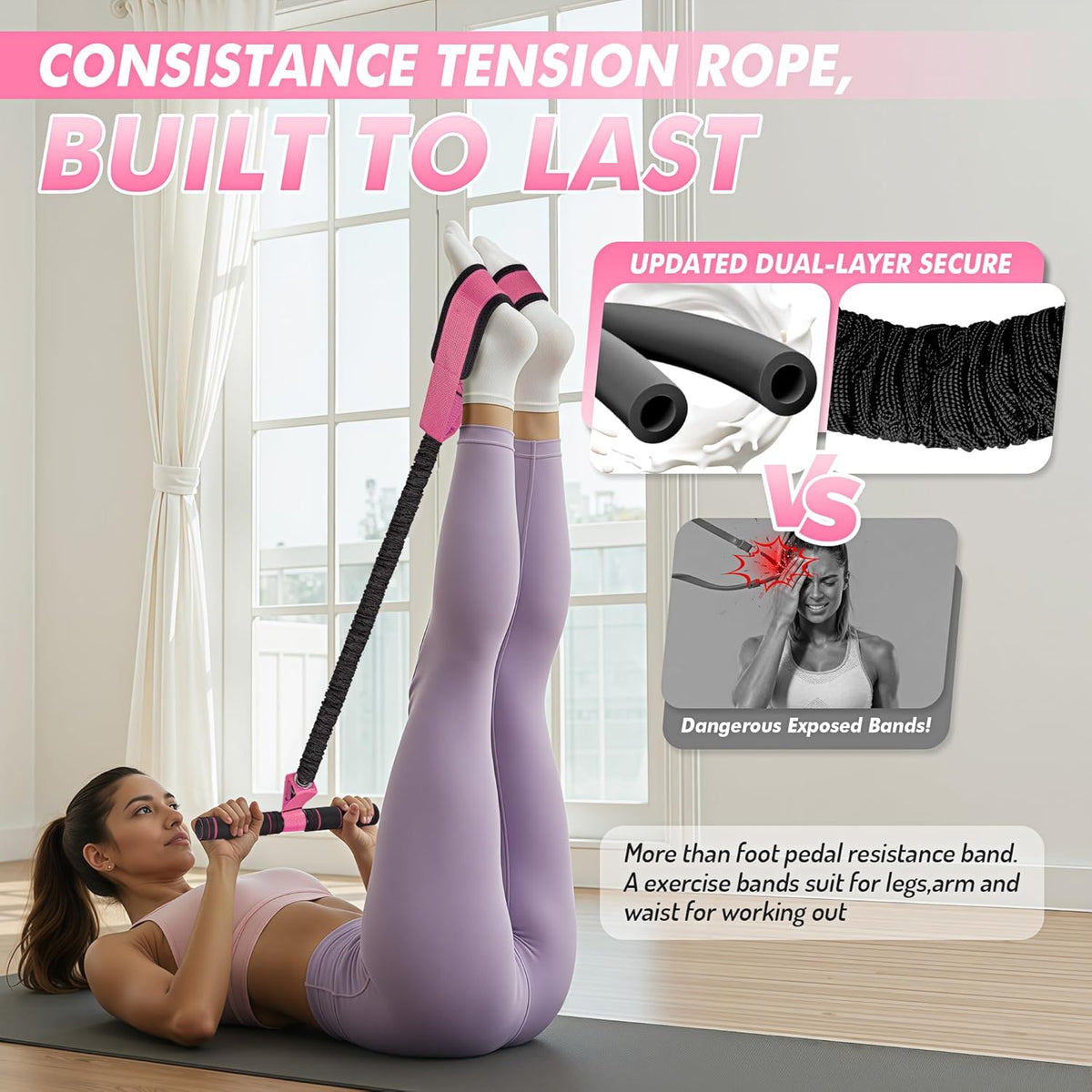 Pedal Resistance Band with Handle - Upgraded 55LBS Exercise Bands for Core, Abs, Legs, and Arms
