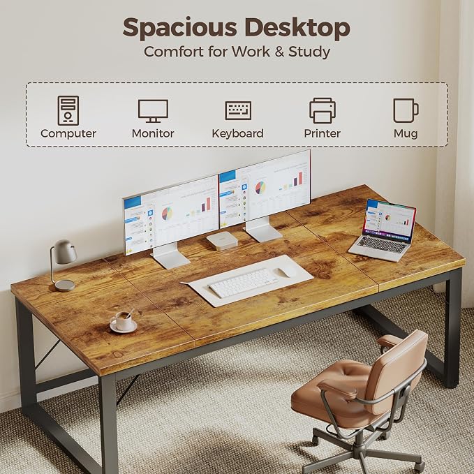 Mericonia 63x28 Inch Computer Desk, 1" Thick Large Office Table, Brown | Modern Simple Style, Heavy Duty Industrial Frame, Large Study & Writing Table for Home Bedroom Work