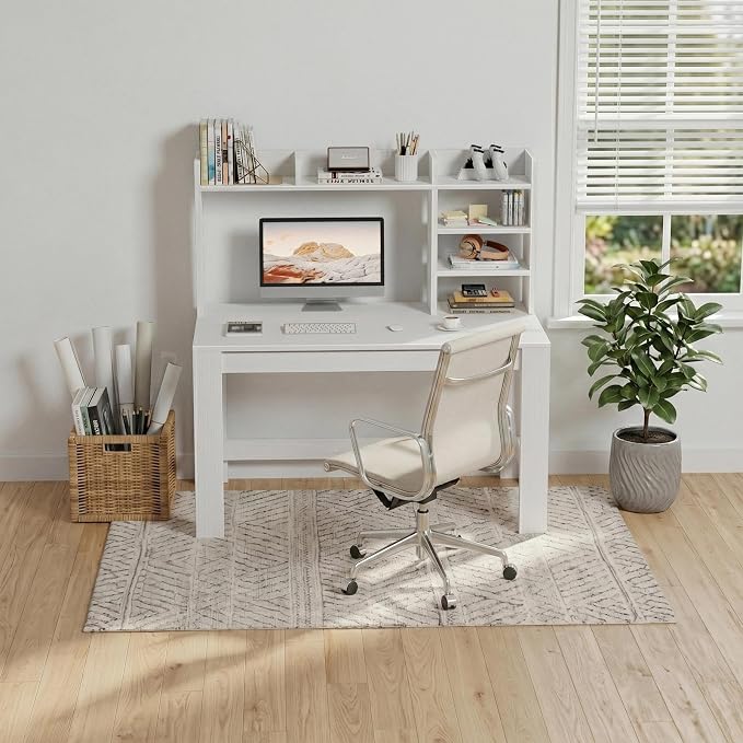 WINAZ White Desk with Hutch and Power Outlet, 43 Inch Small Space Computer Writing Desk with Storage Shelves, Modern Home Office Workstation for Bedroom Dorm