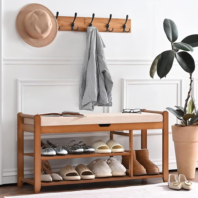 39.4in Shoe Bench with Coat Rack, 3-Tier Bamboo Entryway Bench Hall Tree Shoe Rack Holds Up to 330lb for Bedroom Hallyway