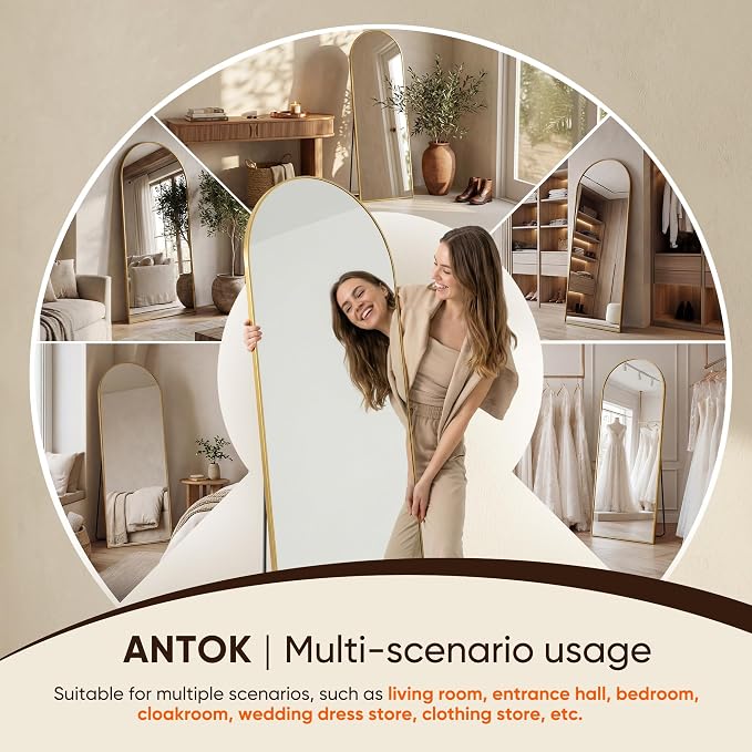 Antok 58" x18 Arched Full Length Floor Mirror, Gold Aluminum Frame, Free Standing/Wall Mount/Leaning for Bedroom, Living Room, Dressing Room