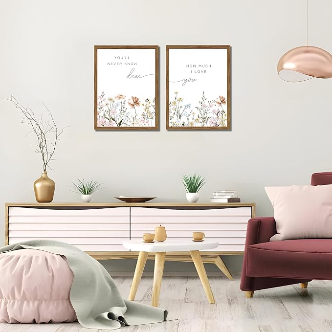 Wood Framed Wildflower Nursery Wall Art Set of 2, Boho Flower Botanical Wall Decor Paintings, Baby Girl Nurseries Pictures Posters Prints for Nursery Baby Room Bedroom Home Decoration 16x24 Inch