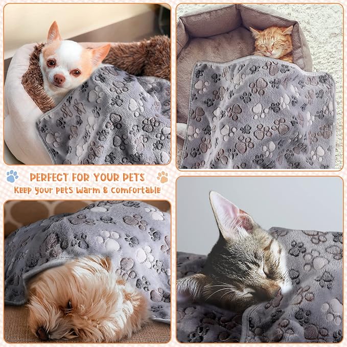 Tatuo 4 Pcs Dog Blanket for Pet Cat Blankets Indoor Puppy Teething Stuff Toys Paw Print Fleece Soft Blanket Sleep Mat for Guinea Pig Cage(Gray,Small(24 x 16 Inch),Square)
