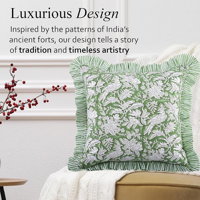 CPC Olive Green Ruffle Throw Pillow Covers for Couch, 18x18 Inch Cotton Stripe Ruffle Couch Pillows for Living Room, Hidden 14 Inch Zipper Boho Pillow Case or Cute Outdoor Pillows