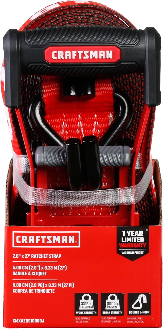 CRAFTSMAN CMXAZBS10000J Black/Red 2" x 27' Ratchet Tie Down Strap with Double J Hook - Heavyweight/Industrial Duty (10,000 lb Break Strength)
