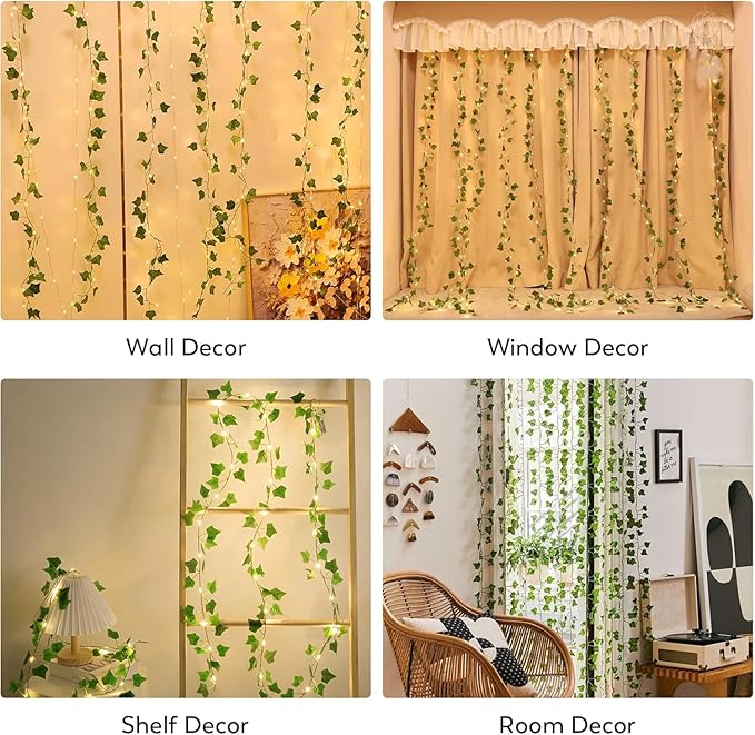 Vines Lights for Bedroom, 6.5ft x 6.5ft Ivy Garland with 200 LED Vine Artificial Fairy Lights Curtain 8 Modes, USB Hanging Vine Lights for Wedding Window Wall Party Christmas Decoration